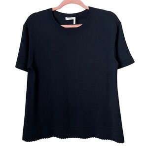 Chloe Top Womens Large Navy Wool Knit Scalloped Hem Short Sleeve Quiet Luxury